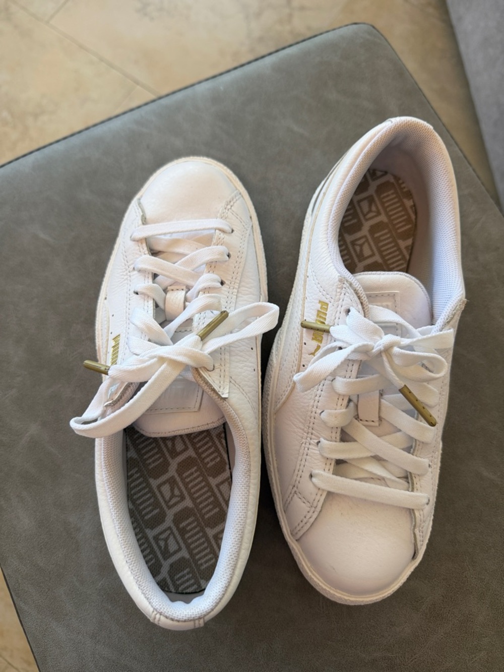 Puma White Low-Top Sneakers with Gold Accents